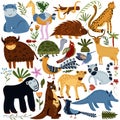 Set of jungle animals and exotic tropical leaves. African animals, parrots, leopard, bison, turtle, hyena, ostrich