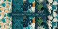 Set of jungle exotic leaves seamless pattern. Hand drawn tropical leaf wallpaper. Creative botanical vector illustration Royalty Free Stock Photo