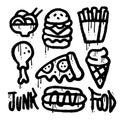 Set of junk food elements in urban graffiti style. Noodle, burger, french fries, pizza, ice cream, hot dog and chicken