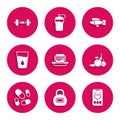 Set Junk food, Kettlebell, Mobile with heart rate, Fruit, Vitamin pill, Glass water, Fish and Dumbbell icon. Vector Royalty Free Stock Photo