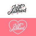 Set of Just married hand lettering quote with hearts