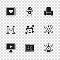 Set 4k movie, No smoking, alcohol, Romantic, Cinema chair, Like heart, Science fiction and Rope barrier icon. Vector