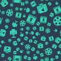 Set 4k movie, tape, frame, Online play video, Director movie chair and Film reel on seamless pattern. Vector Royalty Free Stock Photo