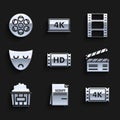 Set 4k movie, tape, frame, Scenario, Movie clapper, Popcorn in cardboard box, Drama theatrical mask, Play Video and Film Royalty Free Stock Photo