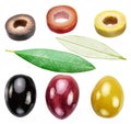 Set of kalamata, green and black olives, olive leaves and slices on white. File contains clipping paths Royalty Free Stock Photo