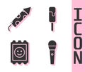 Set Karaoke microphone, Firework rocket, LSD acid mark and Ice cream icon. Vector Royalty Free Stock Photo