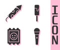 Set Karaoke microphone, Firework rocket, LSD acid mark and Ice cream icon. Vector