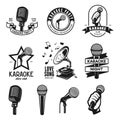 Set of karaoke related vintage labels, badges and design elements. Vector illustration. Royalty Free Stock Photo