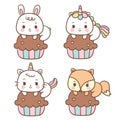 Set of Kawaii animals cartoon sweet cupcakes, rabbit Unicorn vector pony child cat kitty fox woodland, baby decoration Royalty Free Stock Photo