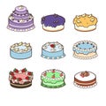 Set of kawaii Cakes.Cakes collection. cartoon Vector illustration of different types of beautiful and cute cakes