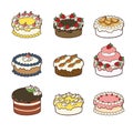 Set of kawaii Cakes.Cakes collection. cartoon Vector illustration of different types of beautiful and cute cakes