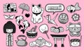 Set of kawaii cartoon japanese stickers. Kokeshi doll, maneki-neko, carps, origami, fuji, temple, sushi, manga, ginko