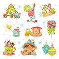 Set of kawaii christmas elements in flat style. Cartoon vector illustration Royalty Free Stock Photo