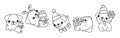 Set of Kawaii Christmas Pug Dog Coloring Page. Collection of Cute Vector Christmas Puppy Outline Royalty Free Stock Photo