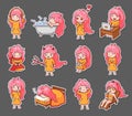 Set of kawaii colored little girls with pink hair. Collection of bright stickers. Cute cartoon characters.