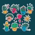 Set of kawaii cute Emoji flower pots stickers. Emotions of cartoon characters with a white outline.