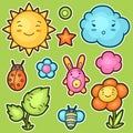 Set of kawaii doodles with different facial expressions. Spring collection cheerful cartoon characters sun, cloud