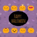 Set of 8 kawaii halloween pumpkins with funny faces Royalty Free Stock Photo