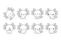 Set of Kawaii Isolated Axolotl Coloring Page. Collection of Cute Vector Cartoon Animal Outline for Stickers, Baby Shower Royalty Free Stock Photo