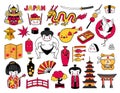 Set of kawaii japanese cartoon stickers. Geisha, sushi, pagoda sumo wrestler, bonsai, puffer fish and dragon. Vector