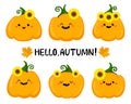 Set of kawaii pumpkins with sunflowers. Vector. For Thanksgiving Day