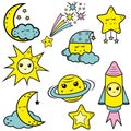 A set of kawaii space vectors - comet, planet, moon, sun, rocket, star, cloud. Vector illustration in cartoon style Royalty Free Stock Photo
