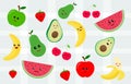 Set of kawaii sticker or patch with fruits food - cherry fruit, apple, pear, banana, watermelon, avocado . Isolated elements on wh