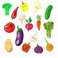 A set of kawaii stickers or patches with - vegetables - tomatoes, cucumbers, radishes, onions, pollock, eggplants, broccoli, Royalty Free Stock Photo