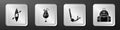 Set Kayak or canoe and paddle, Cocktail and alcohol drink, Snorkel and Hiking backpack icon. Silver square button Royalty Free Stock Photo
