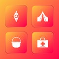 Set Kayak or canoe, Tourist tent, Camping pot and First aid kit icon. Vector