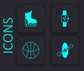 Set Kayak and paddle, Roller skate, Smart watch with heart and Basketball ball icon. Black square button. Vector Royalty Free Stock Photo