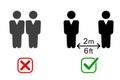 Set keep distance from crowds or each other icon. Social distancing sign. Coronavirus epidemic protective equipment