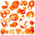 Ketchup blots, stains, blemishes, drops on white