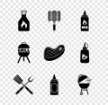 Set Ketchup bottle, Barbecue steel grid, Crossed fork and spatula, Mustard, grill, and Steak meat icon. Vector