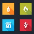 Set Ketchup bottle, Fire flame, Barbecue shopping building and Location with barbecue icon. Vector