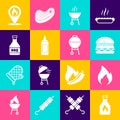 Set Ketchup bottle, Fire flame, Burger, Barbecue grill, Mustard, Location with fire and icon. Vector