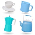 Set of kettle , camping mug, coffee maker and cup isolated on white background. 3D render Vector illustration. Royalty Free Stock Photo