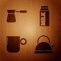 Set Kettle with handle, Coffee turk, Coffee cup and Paper package for milk on wooden background. Vector Royalty Free Stock Photo