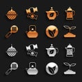 Set Kettle with handle, French press, Tea leaf, strainer, Teapot, Ball tea and Candy icon. Vector Royalty Free Stock Photo