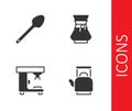 Set Kettle with handle, Teaspoon, Coffee machine and Pour over coffee maker icon. Vector