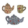 Set kettles isolated on white background. Hand drawn cute kettle high, teapot short and mug with floral pattern