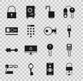 Set Key broke inside of padlock, Car key with remote, Locked, Open, Password protection, card, and icon. Vector Royalty Free Stock Photo