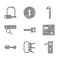 Set Key, Bunch of keys, Door handle, House intercom system, Old, Password protection, Crowbar and Bicycle lock icon