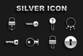 Set Key, Bunch of keys, Keyhole, Lock and, Undefined, broke inside padlock and icon. Vector