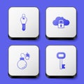 Set Key, Cloud computing lock, Bomb and Old key icon. White square button. Vector Royalty Free Stock Photo