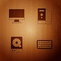 Set Keyboard, Computer monitor screen, Hard disk drive HDD and Case of computer on wooden background. Vector Royalty Free Stock Photo
