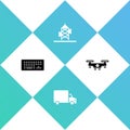 Set Keyboard, Delivery cargo truck, Antenna and Drone flying icon. Vector