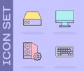 Set Keyboard, Server, Data, Web Hosting, Case of computer and Computer monitor screen icon. Vector Royalty Free Stock Photo