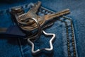 Set of keys on the pocket of jeans Royalty Free Stock Photo