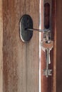 Set of keys on the ring in the keyhole in the wooden door